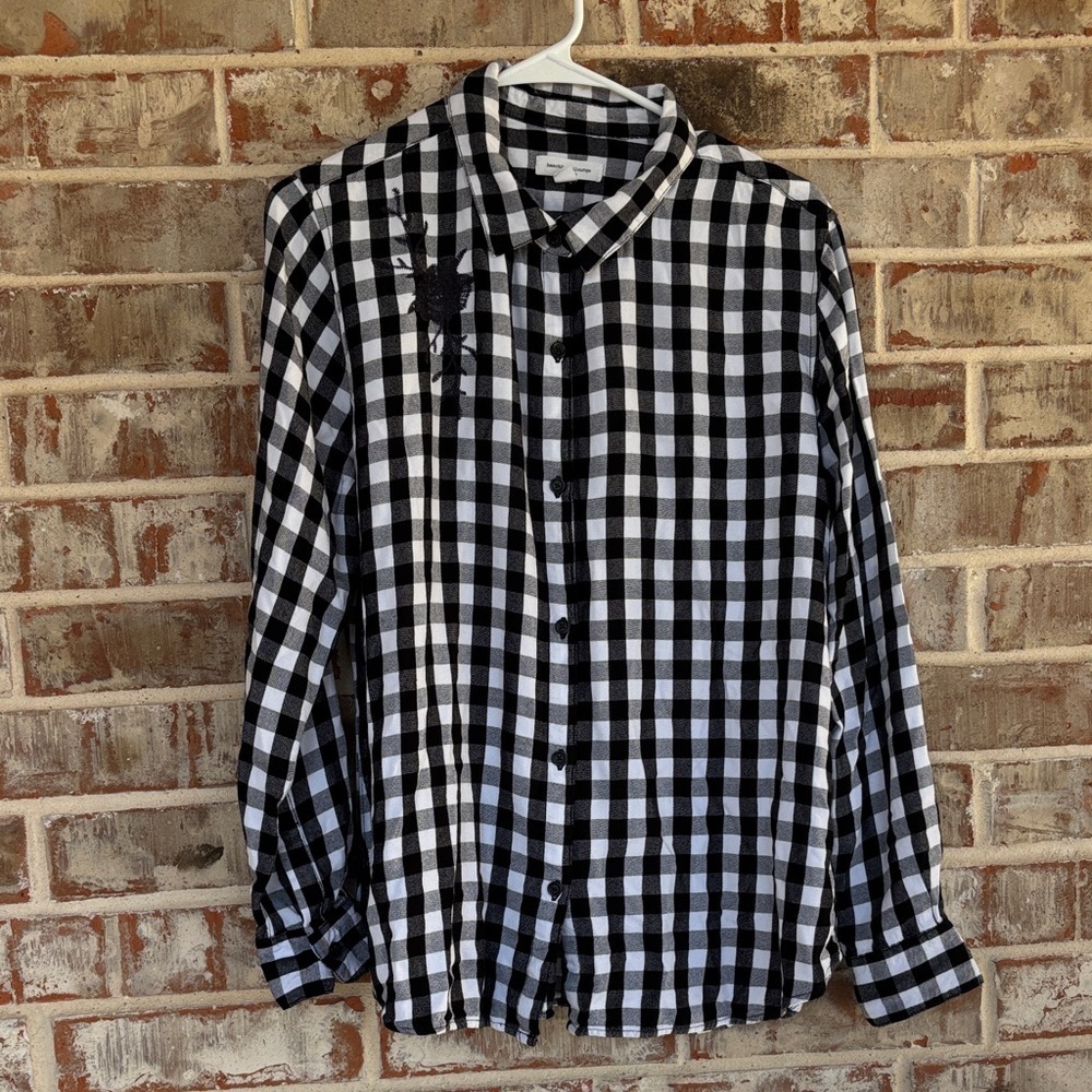 BeachLunchLounge Black White Buffalo Plaid Button Down Flannel Shirt